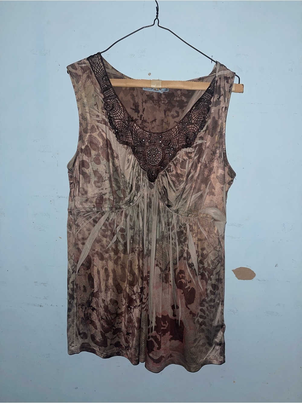 Y2K Sleeveless Brown Animal-Print Top with Beaded Neckline
